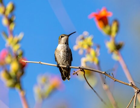 Hummingbird perched on a twig against a bright blue sky, with blurred orange flowers in the foreground and background - Powered by Adobe