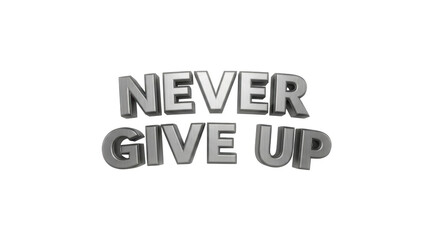 Silver 3 D Text Never Give Up on Black Background lettering