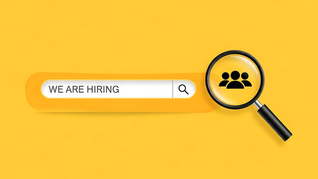 A magnifying glass icon with a search bar that says we are hiring