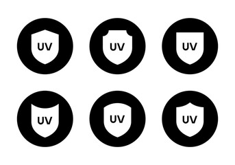 UV protection shield icon set in black circle. Sunscreen and safety product symbol