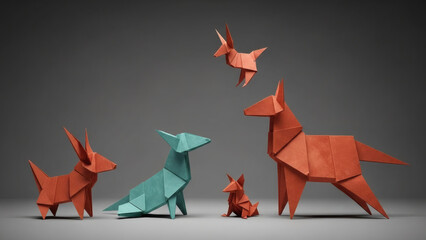 Artistic rendering of a family of geometric origami dogs and canine figures, beautifully folded in papercraft style