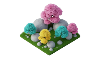 Colorful Cartoon Landscape with Trees and Rocks on Green Grass