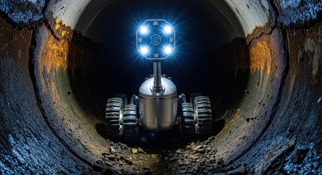 Robotic inspection crawler with a camera inside a sewer pipe. Underground pipeline maintenance and diagnostics with modern technology