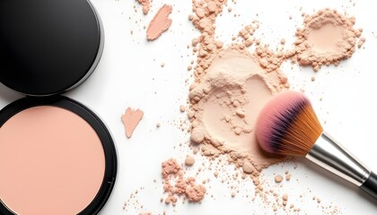 Loose compact powder scattered around a makeup brush on a white background for cosmetic branding and beauty presentation themes.