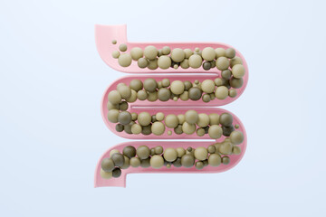 Constipation and unhealthy intestine concept showing accumulated waste in the colon for digestive problem. 3D illustration