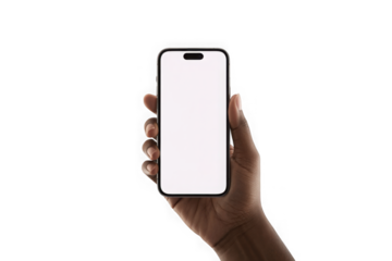 Hand holding modern smartphone with blank white screen isolated on transparent background