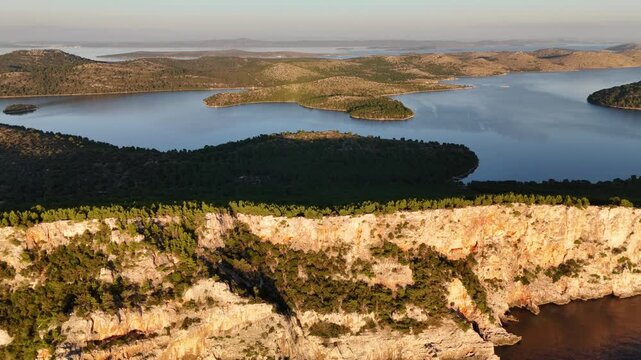 Sunset drone aerial over cliffs of Telascica nature park in Croatia, island Dugi otok