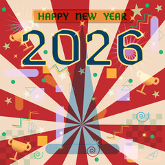 colorful abstract New Year 2026 design featuring geometric lines and sunburst elements, created as a simple flat vector background to celebrate new goals with a modern vintage style.