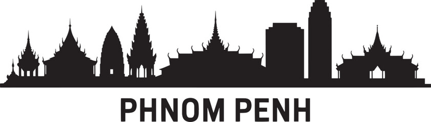 Fototapeta premium Phnom penh cambodia vector skyline silhouette with royal palace wat phnom art illustration