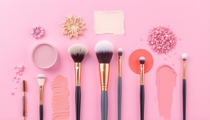Collection of makeup brushes and pastel-toned cosmetic products arranged on pink background for beauty tutorials and branding visuals.