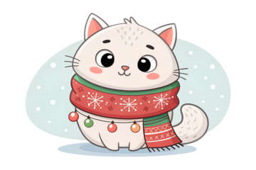 Fluffy cat wrapped in a knitted scarf, soft shading, transparent background.
