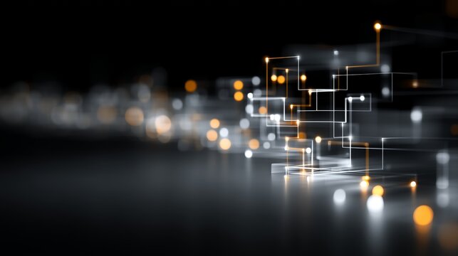 Digital network visualization with sharp geometric lines and glowing orange-white nodes forming a complex grid, suitable for artificial intelligence, data architecture, or smart connectivity.