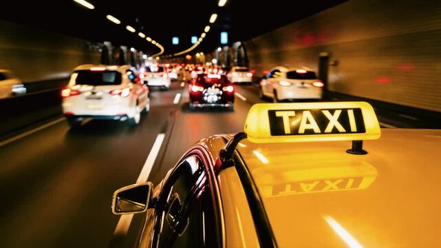 Yellow taxi cab driving fast through an illuminated tunnel at night. Close-up of the roof sign with motion blur background. Urban transportation and speed concept