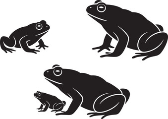 Vector silhouettes of various pond frogs including large adult and small juvenile amphibians set
