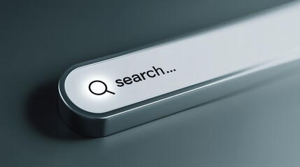 Stylized digital search bar with magnifying glass icon and “search...” text on white field, perfect for representing online query, web browsing, or digital interface interaction in modern tech visuals