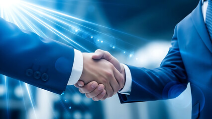 Two businessmen shaking hands in a professional setting with blue background