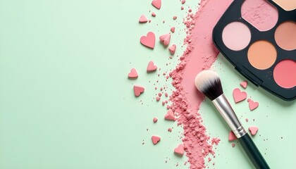 Crushed pink powder with small heart shapes, eyeshadow palette, and a makeup brush on light green background for romantic beauty and cosmetic design concepts.