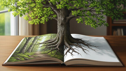 Vibrant tree with deep roots growing from an open book, symbolizing the enduring power of knowledge, nature, and personal growth