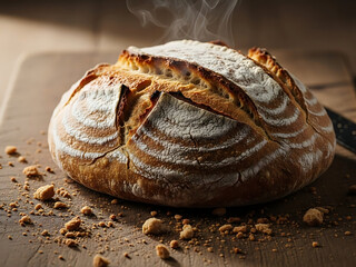 Steaming, rustic artisanal sourdough loaf, freshly baked and golden brown, resting on a wooden board with scattered crumbs, showcasing homemade warmth and comforting texture