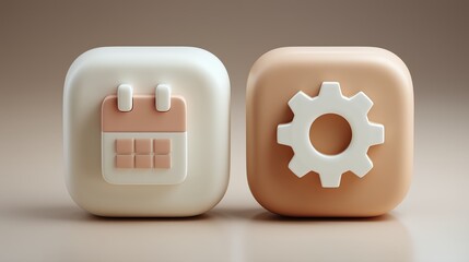 3D-rendered pastel icons of calendar and gear on rounded squares, ideal for illustrating scheduling and settings in digital interface design or mobile app functionality visuals.