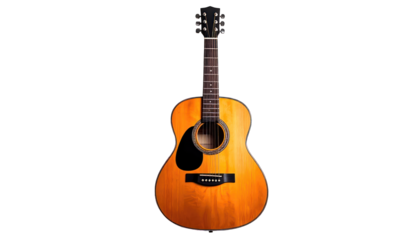 A detailed front view of an acoustic guitar, set against a solid black backdrop
