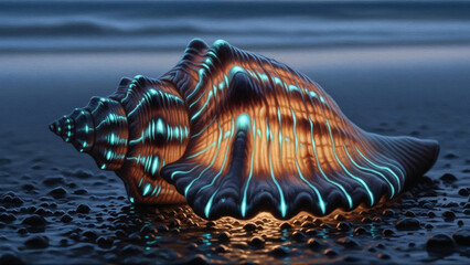Ethereal Glowing Seashell on Dark Beach A Mysterious Bioluminescent Wonder Illuminating the Twilight Shore