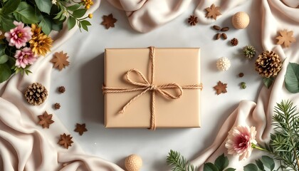 Gift box wrapped in kraft paper with ribbon placed on festive decorative background for holiday, celebration, and seasonal branding visuals.