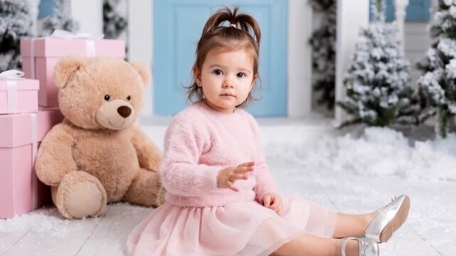 Cute toddler girl sitting on snowy floor with teddy bear and pink gifts. Child in winter outfit posing in Christmas setting. Holiday concept