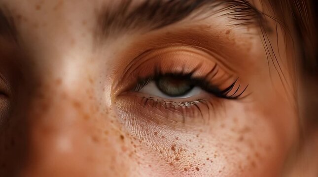 Close up of eye with mascara application and freckled skin