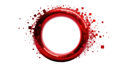 A glowing red ring with a black center, surrounded by scattered red squares on black