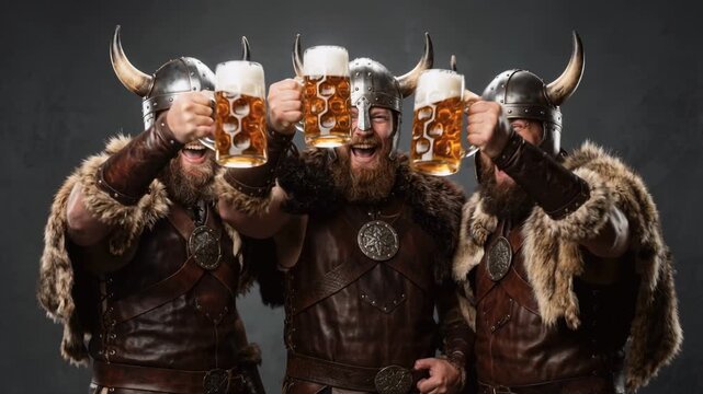 Three cheerful Vikings toasting with large mugs of beer. Men in horned helmets and fur costumes celebrating with alcohol against a grey background. Medieval warrior party concept