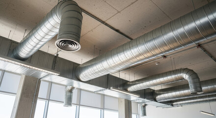 Industrial ceiling with exposed ventilation ducts and pipes. Modern office interior with HVAC system and concrete background. Air conditioning infrastructure