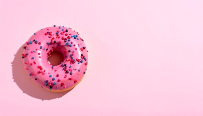 Pink glazed donut with colorful sprinkles on a pink background, creating a playful and inviting composition