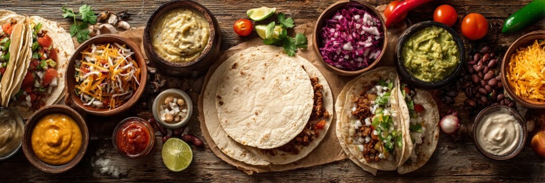 Feast your eyes on a vibrant spread of delicious tacos accompanied by fresh ingredients, including guacamole, salsa, and a variety of toppings, perfect for any gathering or celebration.