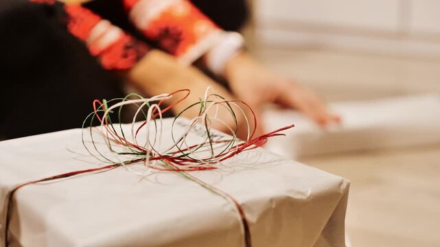 Minimalist wrapped present in focus with holiday twine and blurred packing