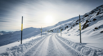 Snowy mountain road with tire tracks and yellow marker poles. Winter landscape travel background