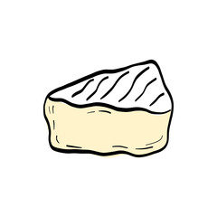 Hand-drawn brie cheese wedge with a soft, creamy mood. Ideal for specialty shop graphics, appetizer visuals, and premium dairy promotions