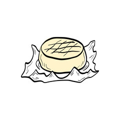 Hand-drawn brie cheese wedge with a soft, creamy mood. Ideal for specialty shop graphics, appetizer visuals, and premium dairy promotions