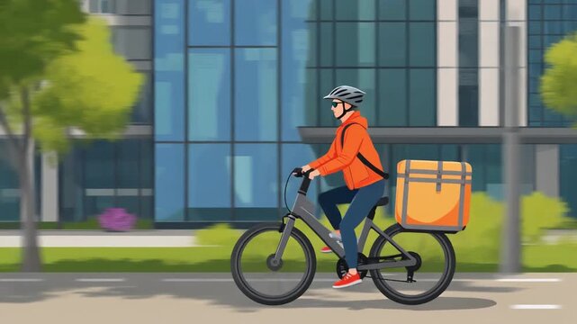 Dynamic, detailed vector illustration of a dedicated female courier riding an electric bicycle with a delivery box on a city street, concept for logistics, urban mobility, and eco-friendly transport.