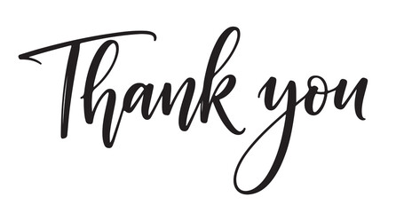 Elegant script typography saying thank you in black ink on a transparent background