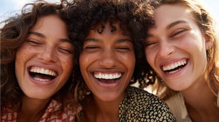 Smiling women showing joy and friendship in a vibrant, sunny setting. Their laughter captures the essence of happiness, making this a perfect image for promoting positivity and connection.