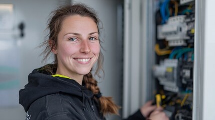 Electrician working on electrical control panel, smiling while engaging with the equipment. A testament to skilled trades and hands-on craftsmanship in modern industry.