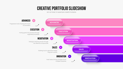 Marketing Portfolio 5 Step Diagram Frame Template. Modern Analysis Slide Design Vector Illustration. Consulting Proposal Five Option Infographic Slideshow Layout.