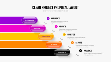 Modern Strategy Slide Template Vector Illustration. Service Review Five Option Diagram Frame Layout. Sales Forecast 5 Element Infographic Slideshow Design.
