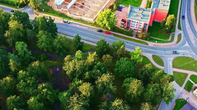 Aerial view of retail store building construction next to apartments in Smiltene, Latvia