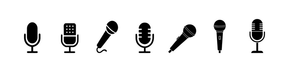 Microphone flat and silhouette icon set. Podcast icon set. Different microphone collection. Vector illustration 
