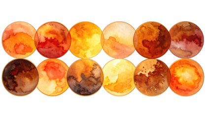 Twelve watercolor spheres showcasing a gradient of warm, earthy tones on a black background