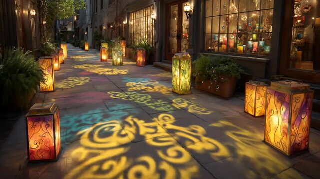 Lanterns illuminate a cobblestone street at night with patterned light shadows from their design