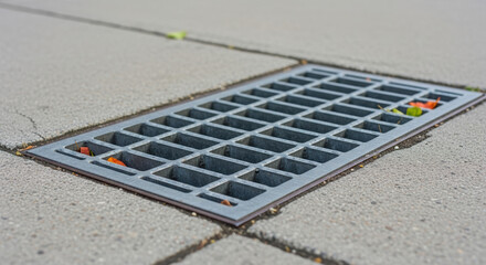 Metal storm drain grate embedded in concrete pavement. Sewer cover grid with trapped autumn leaves on the road. Urban infrastructure detail