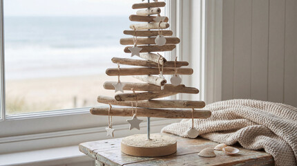 Rustic driftwood christmas tree with seashell ornaments on a wooden table near ocean